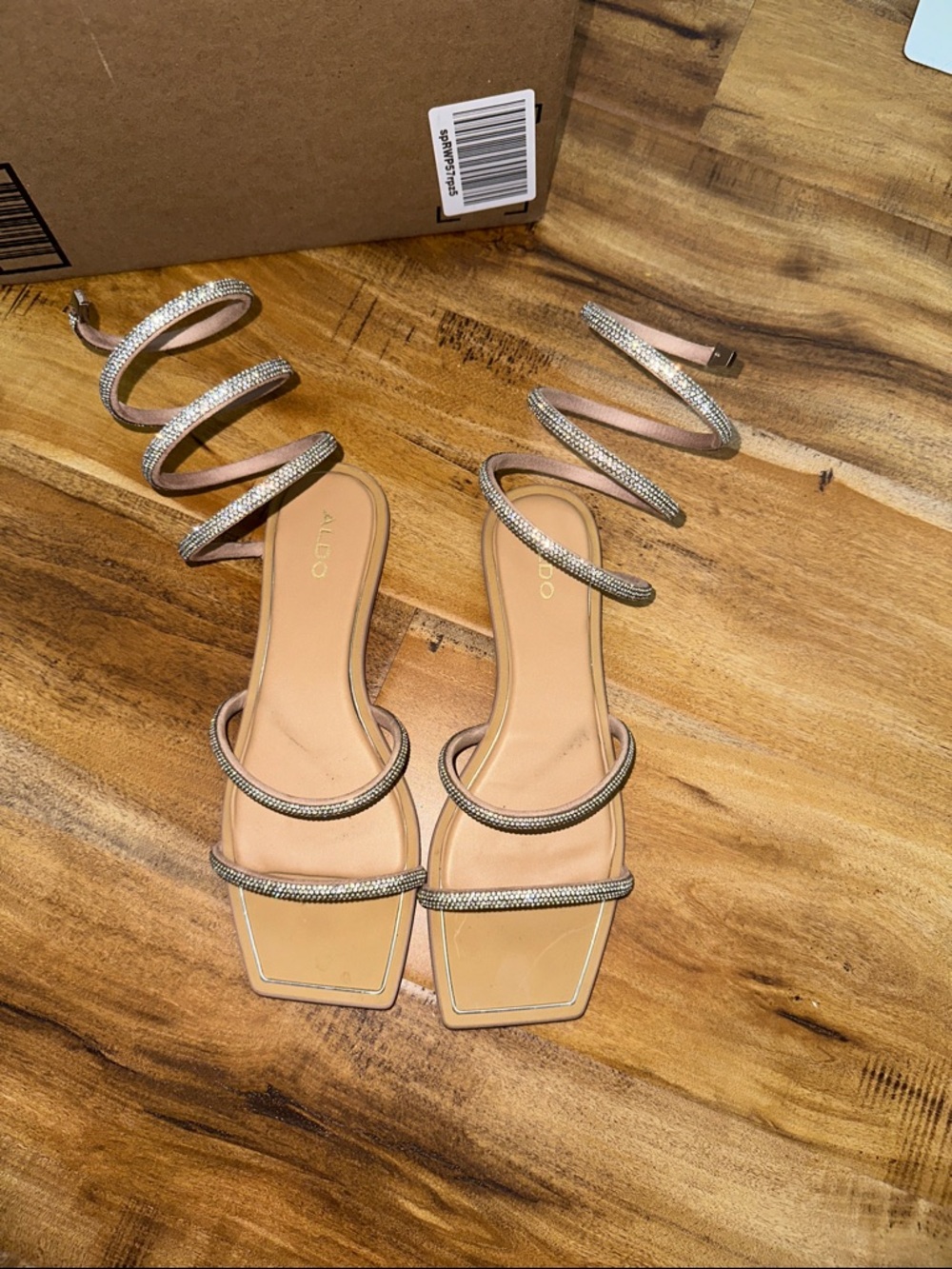 Aldo Beige Spiral Rhinestone Strap Heels